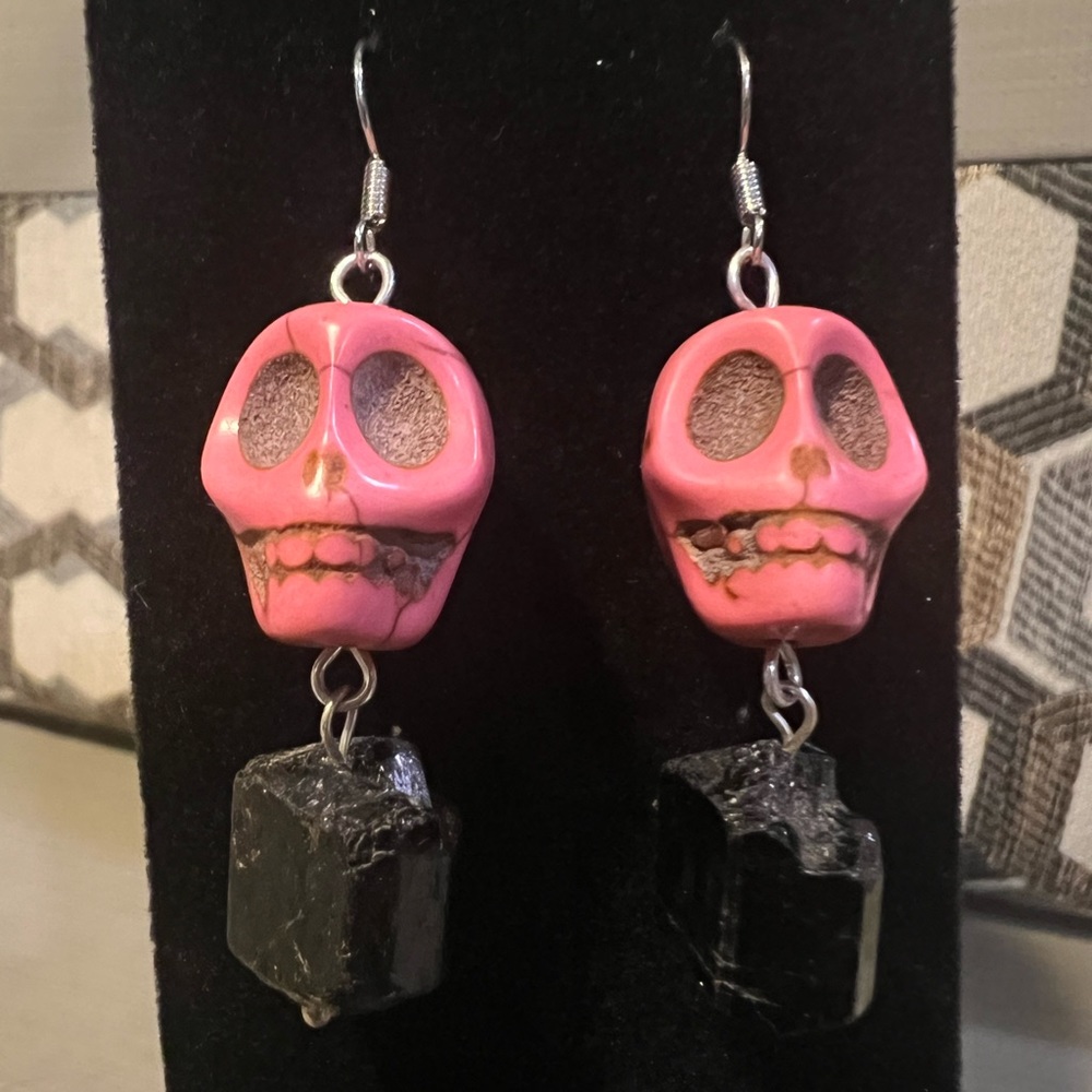 Handmade skull and tourmaline crystal dangle earrings